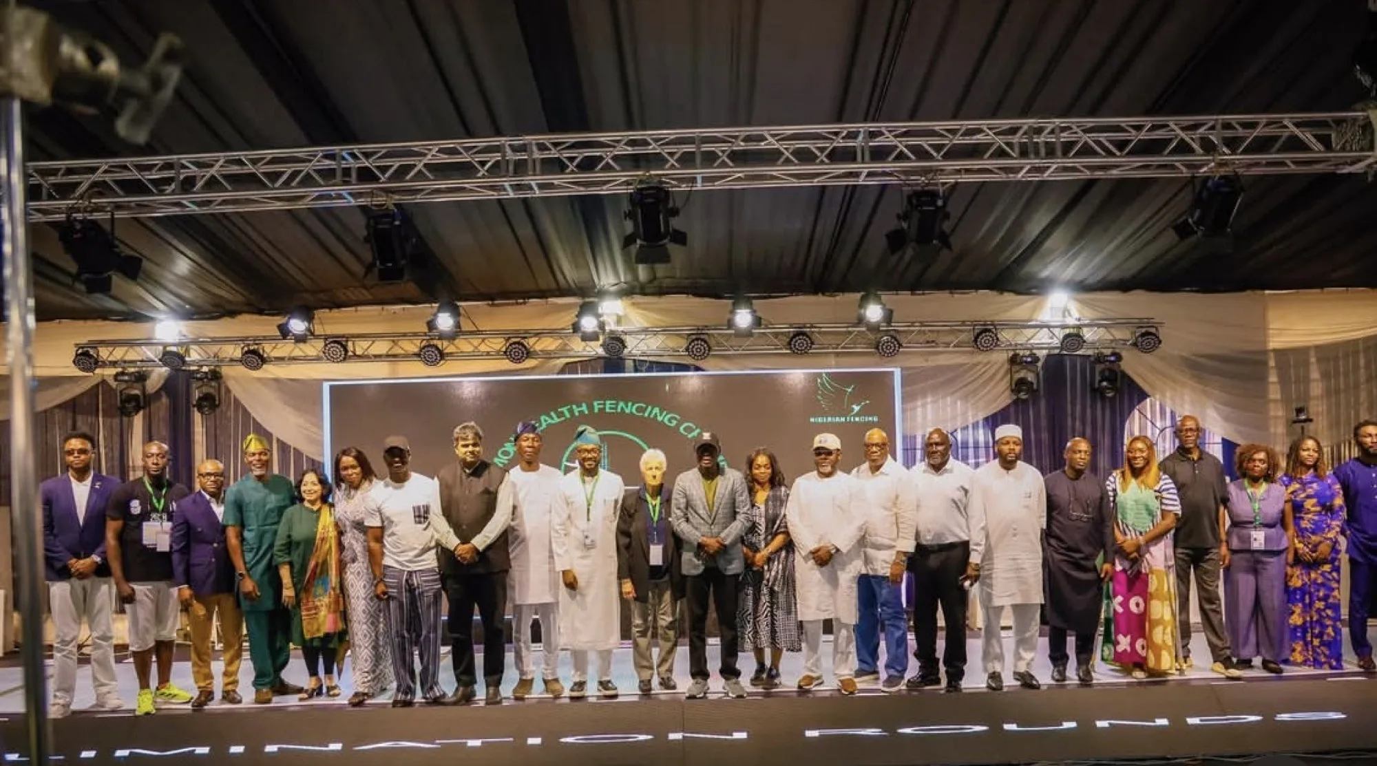Sponsors, officials and guests on stage at the Commonwealth Fencing Championship in Lagos